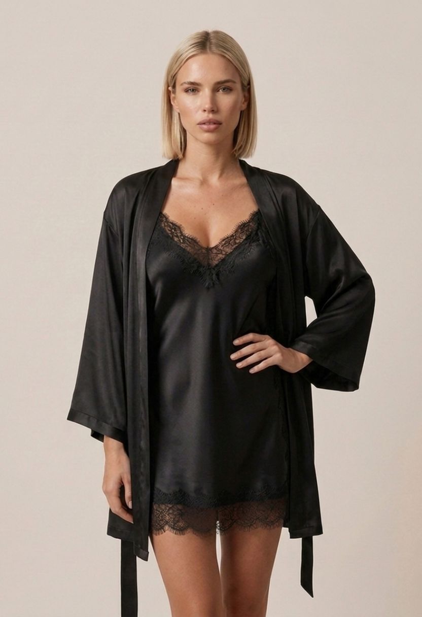 Grace black satin kimono robe with Grace lace-trim satin chemise on model, front view