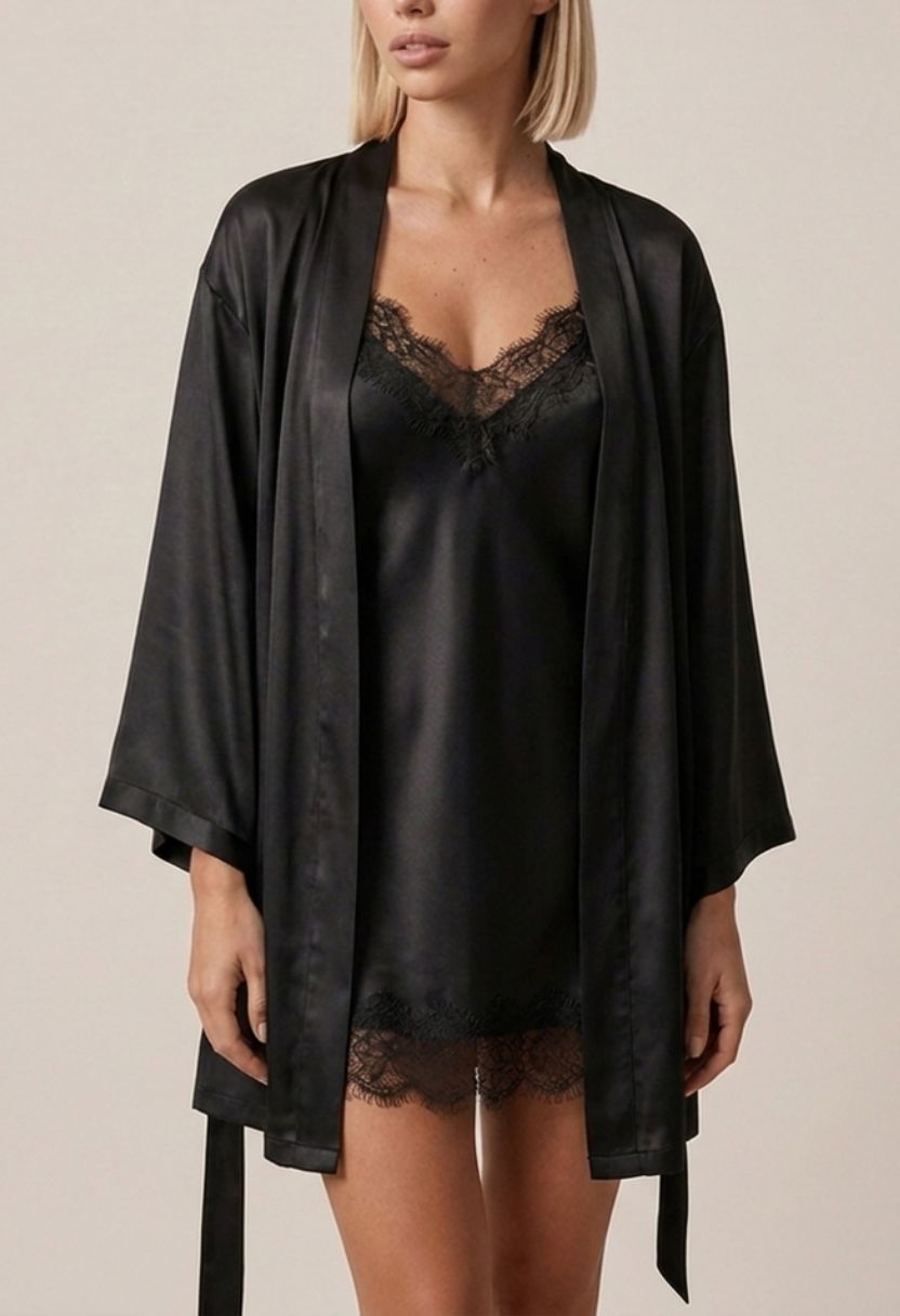 Grace black satin kimono robe open over Grace lace-trim satin chemise on model, front view