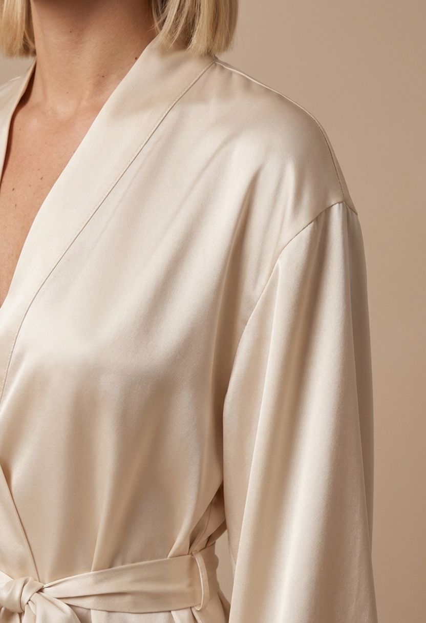 Grace ivory satin kimono robe collar and shoulder close-up