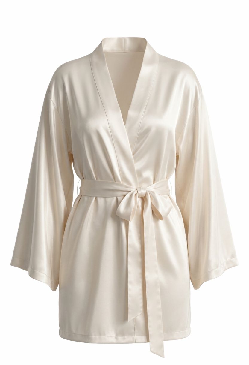 Grace ivory satin kimono robe with tie belt, ghost mannequin front view
