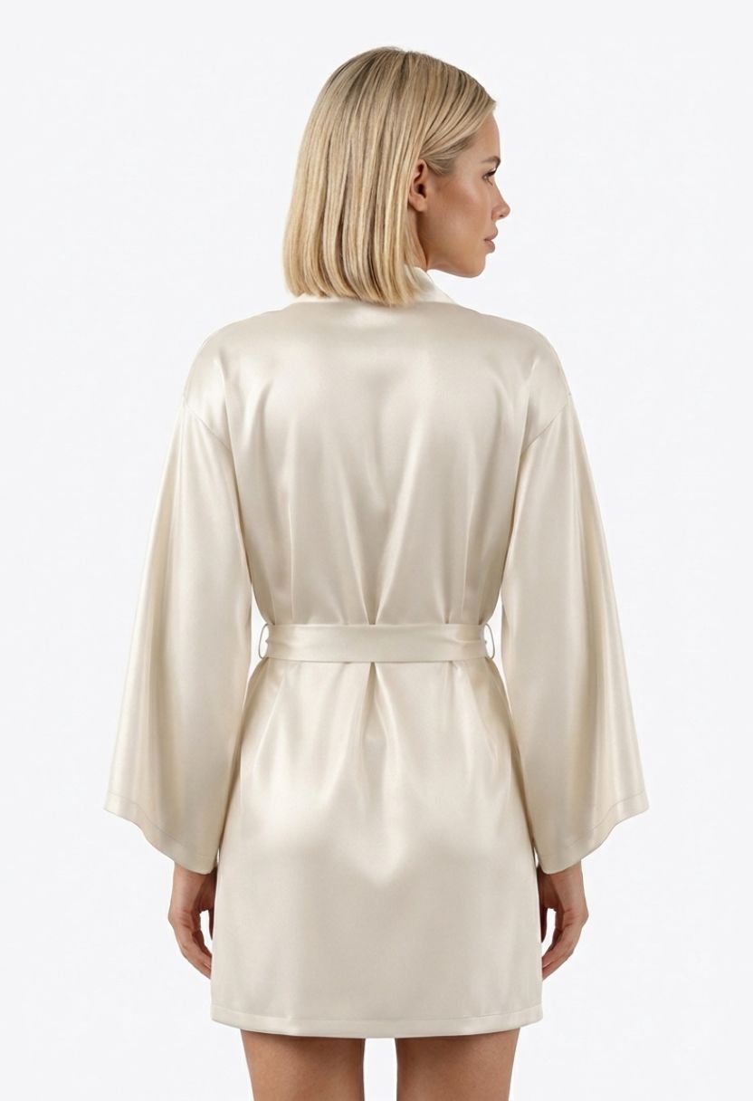 Grace ivory satin kimono robe with wide sleeves on model, back view