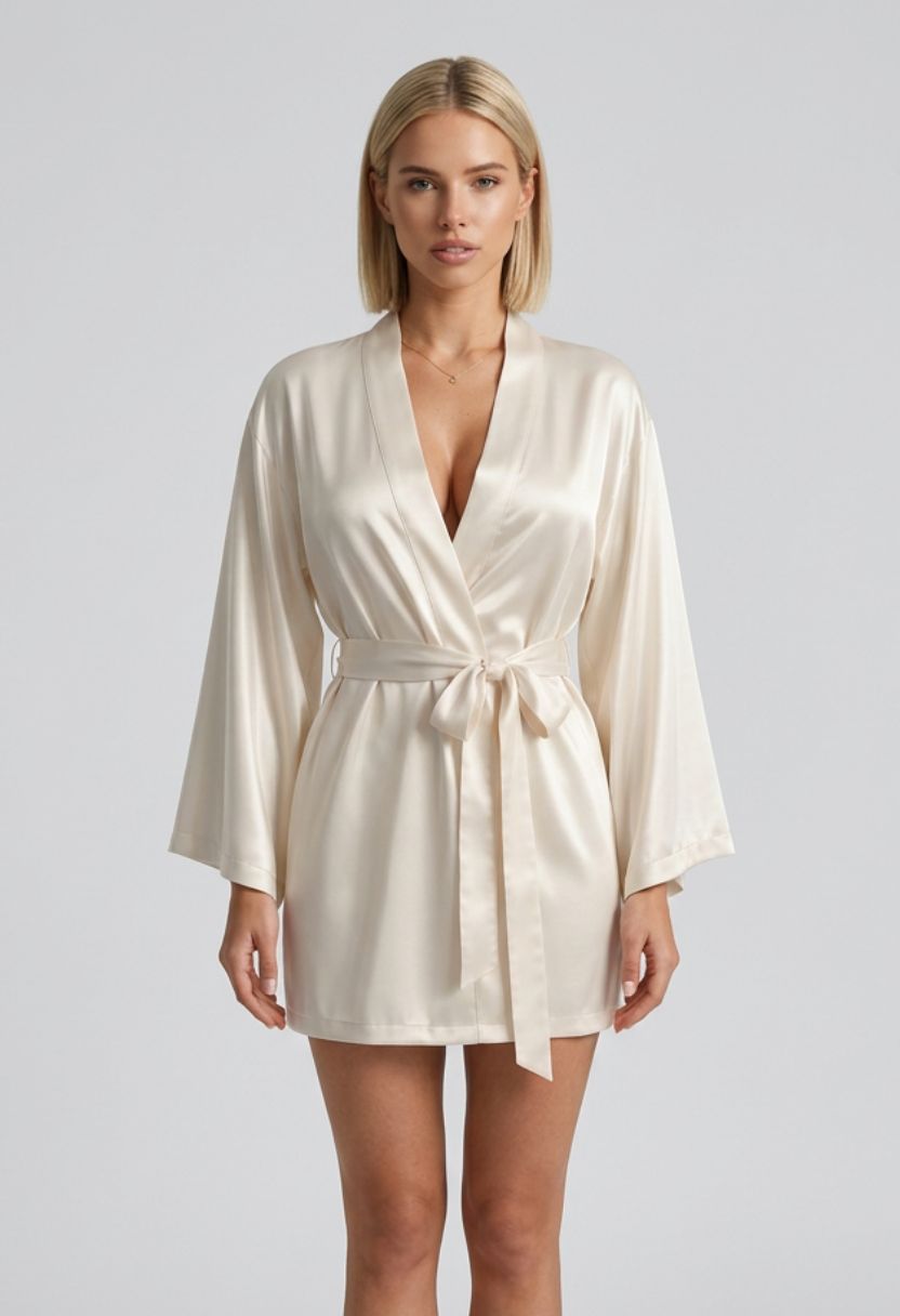 Grace ivory satin kimono robe on model, front view