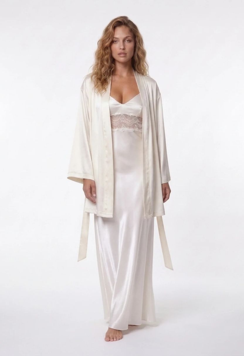 Grace ivory satin kimono robe with Adeline lace-trim satin nightgown on model, front view