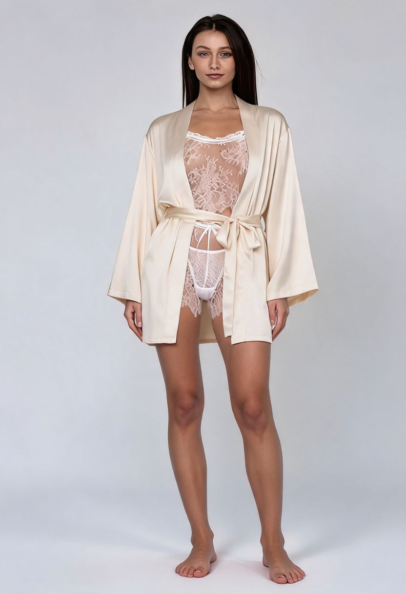 Grace ivory satin kimono robe with Chiara white sheer lace pajama set on model, front view