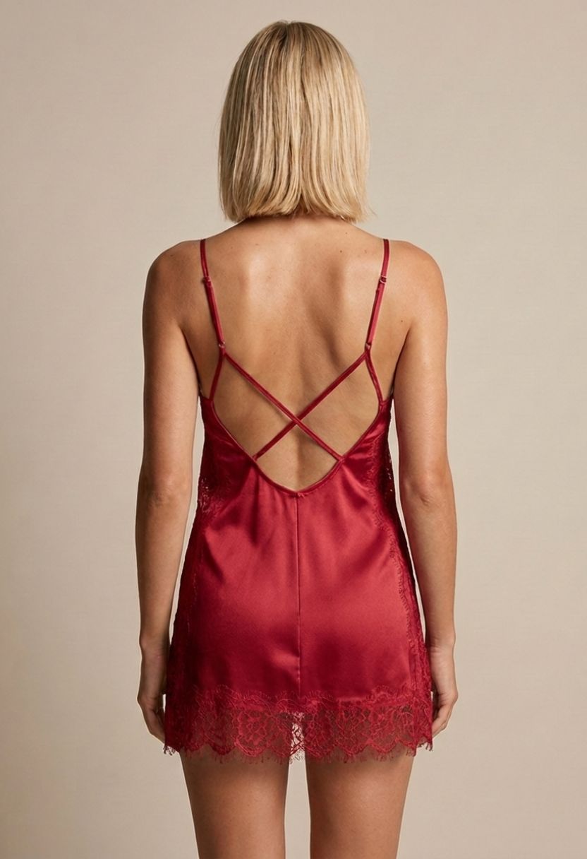 Grace red satin chemise with crisscross open back on model, back view