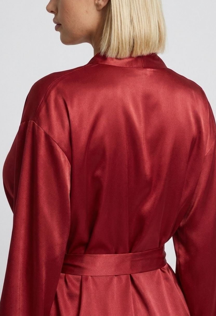 Grace red satin kimono robe shoulder and back close-up
