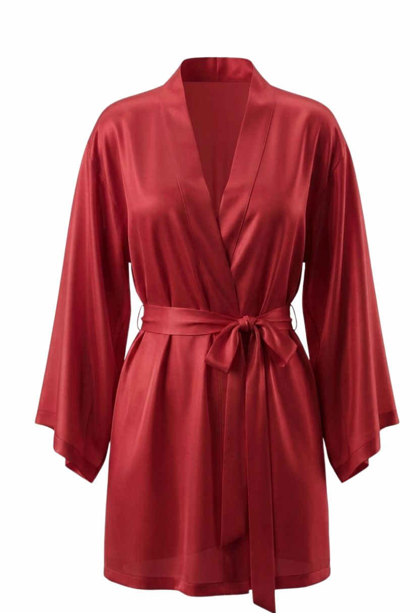 Grace red satin kimono robe with tie belt, ghost mannequin front view