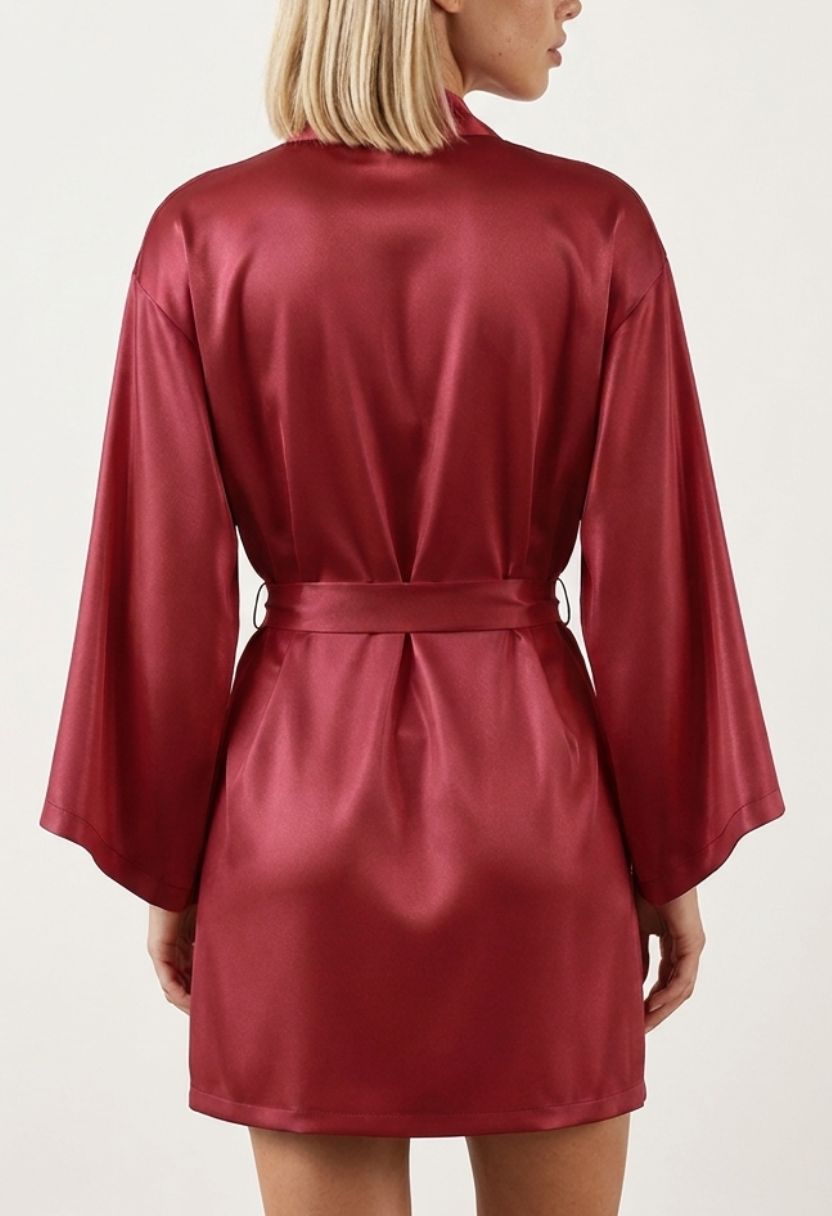 Grace red satin kimono robe with wide sleeves on model, back view