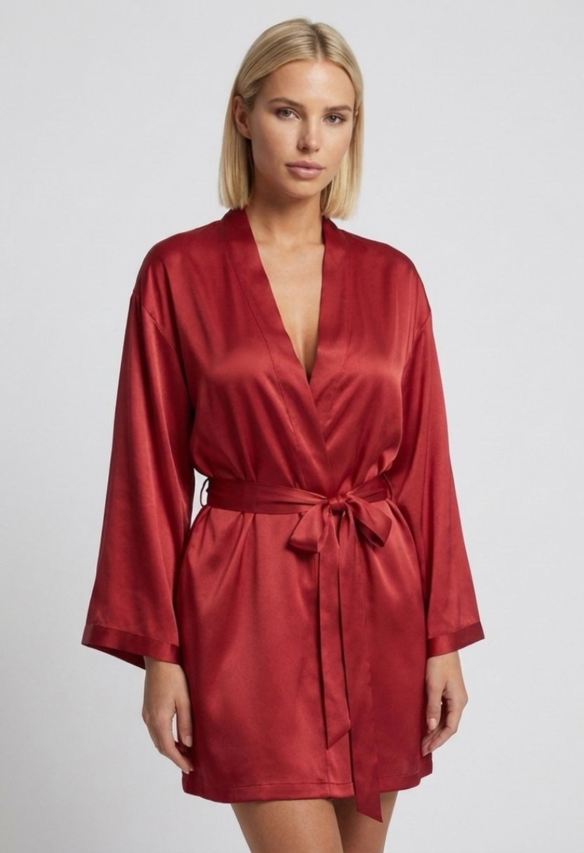 Grace red satin kimono robe on model, front view