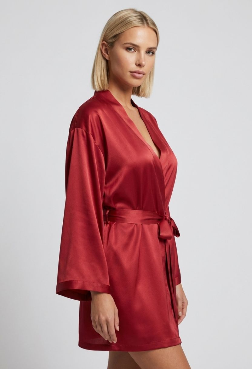 Grace red satin kimono robe on model, three-quarter view