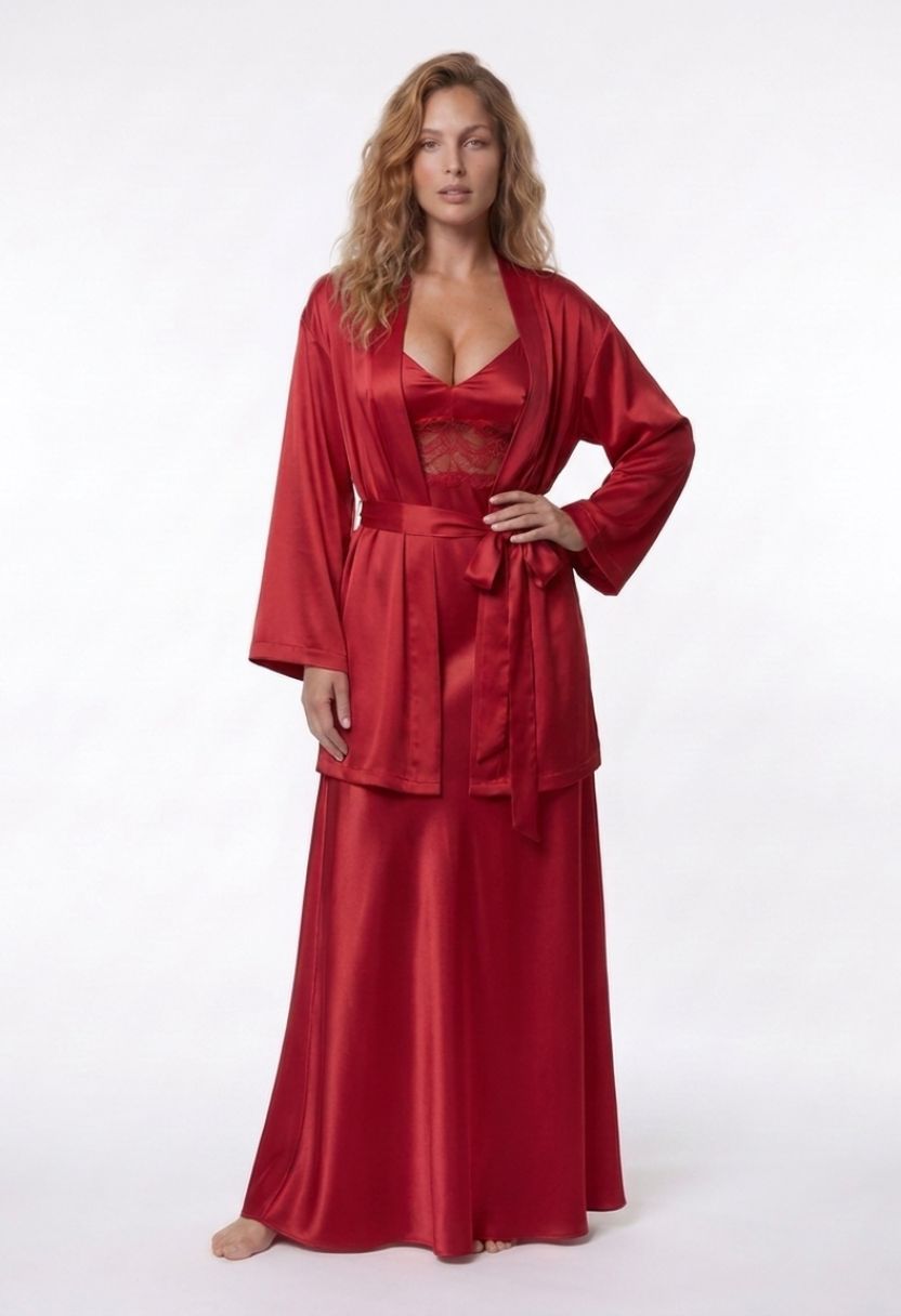 Grace red satin kimono robe with Adeline lace-trim satin nightgown on model, front view
