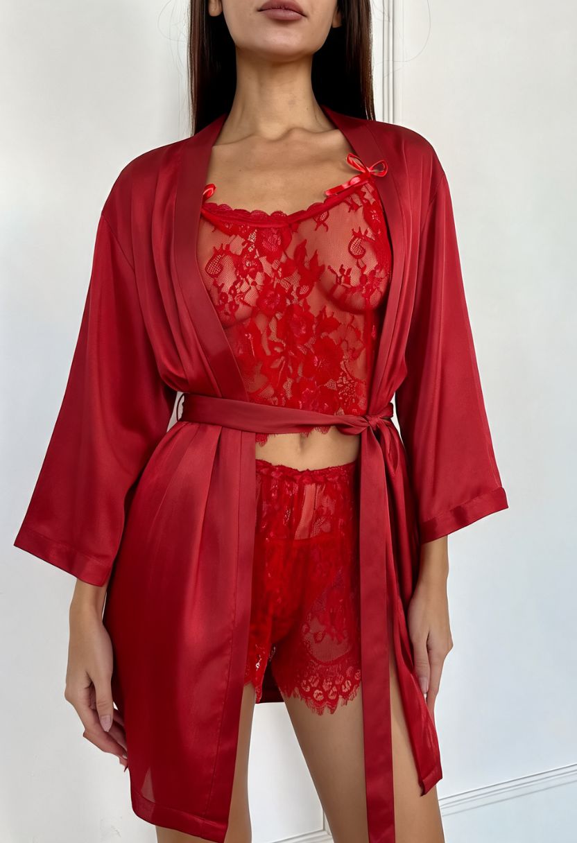 Grace red satin kimono robe with Chiara sheer lace pajama set on model, front view
