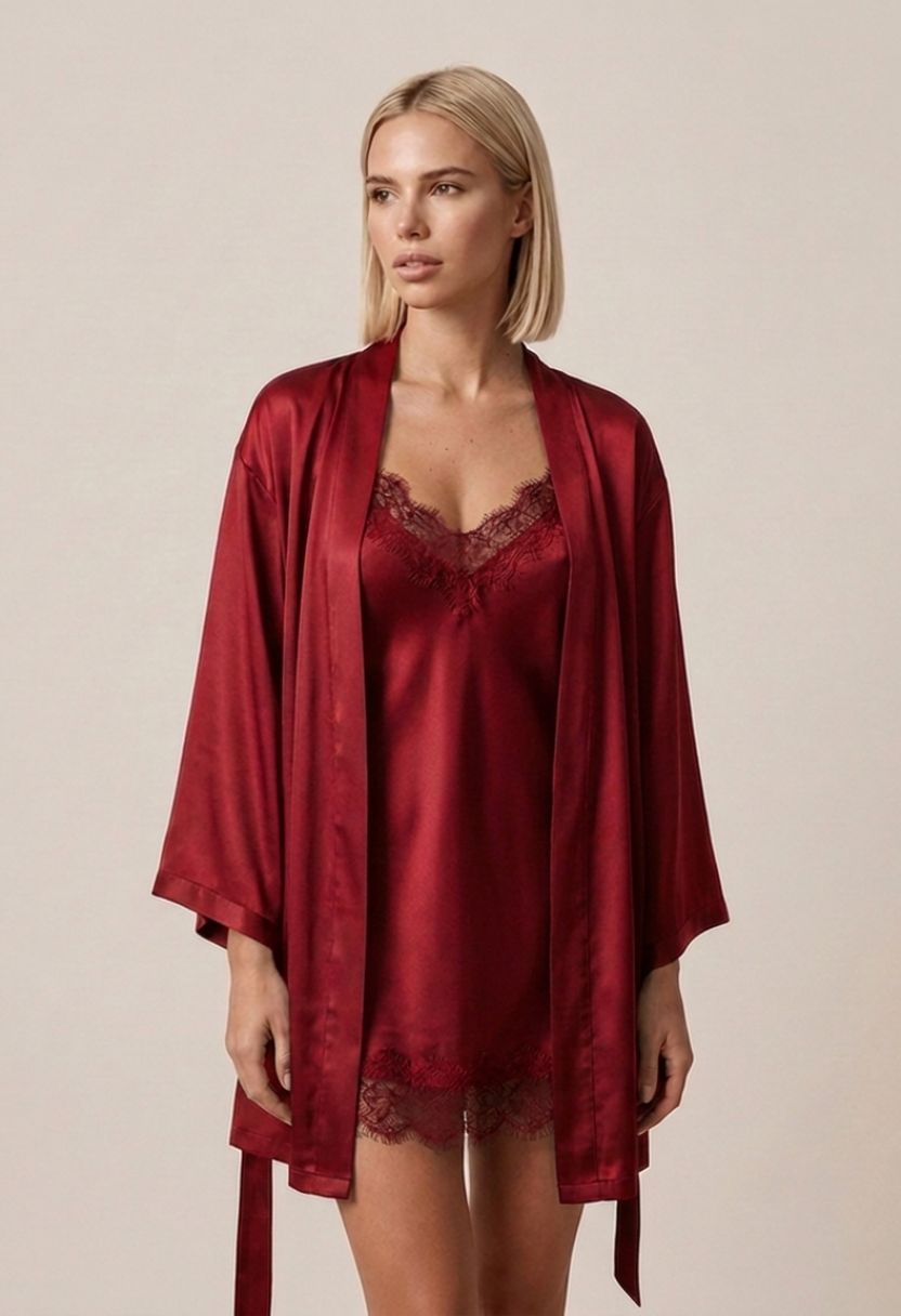 Grace red satin kimono robe with Grace lace-trim satin chemise on model, front view