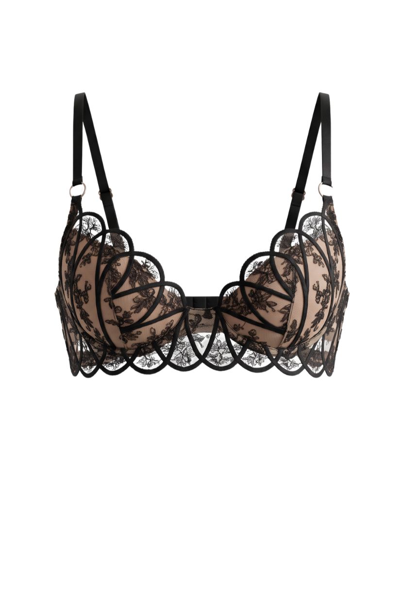 Inez Push-up Bra Black flat lay with scalloped embroidery