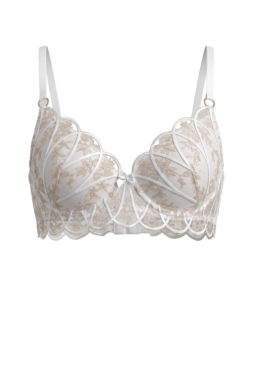 Lucia Push-up Bra White flat lay with champagne floral embroidery, opaque push-up cups, a longline band and a satin bow