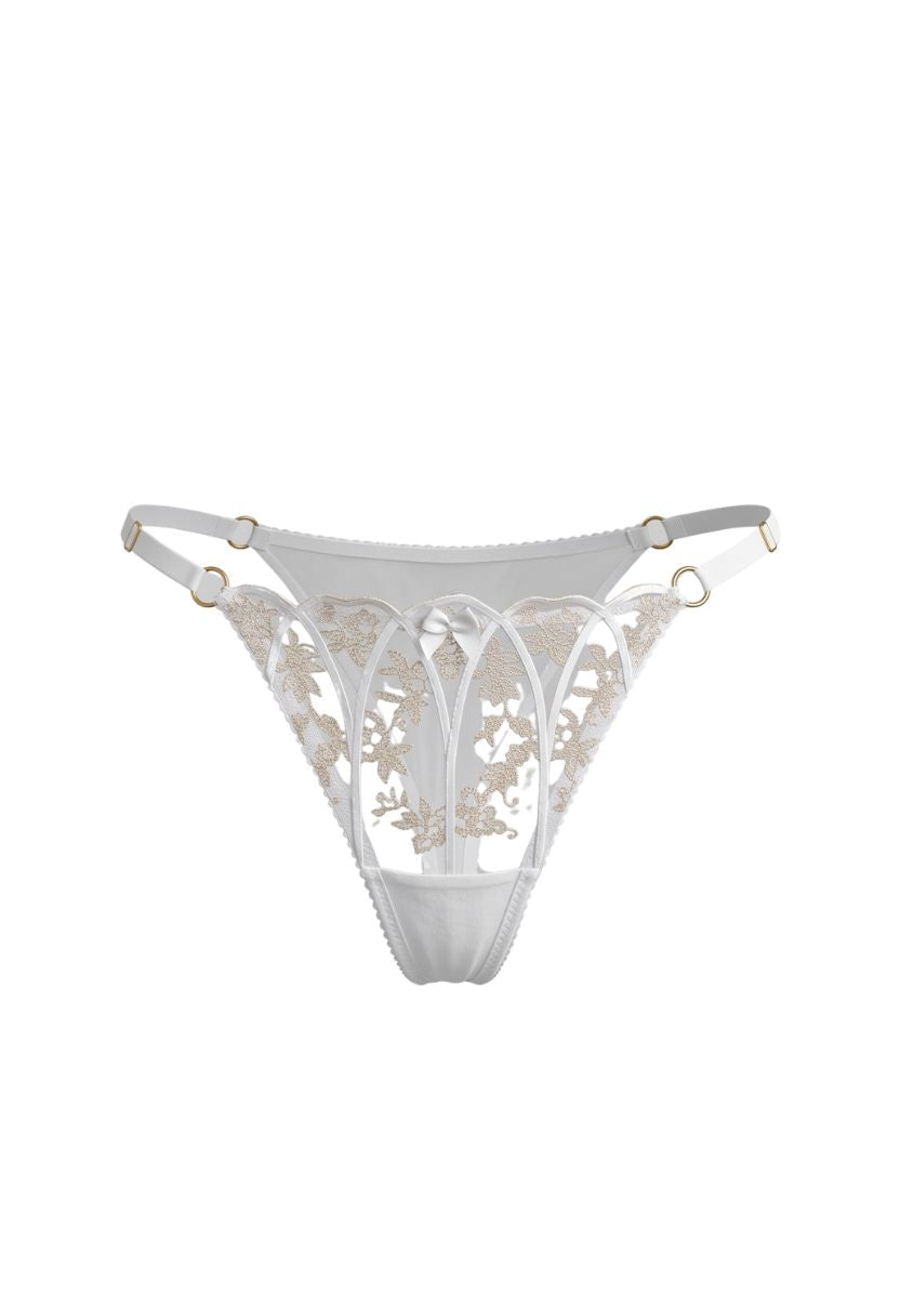 Lucia Thong White flat lay with champagne embroidery, a satin bow and adjustable high-cut sides