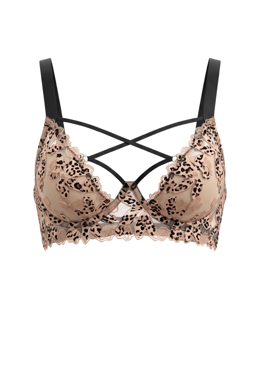 Namira Strappy Bra Nude Black flat lay with leopard embroidery and crisscross straps