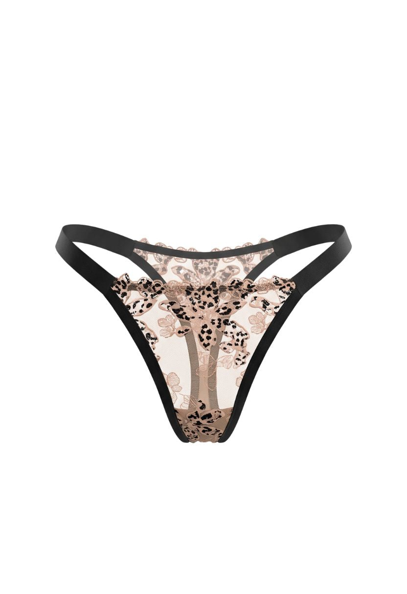 Namira Thong Nude Black flat lay with leopard embroidery