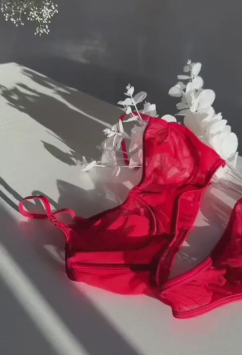 Red lingerie set Mia – lace bra and panties video The Kiss