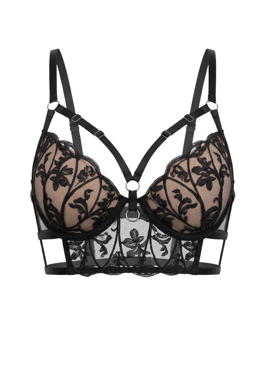 Regina Cage Bra Black flat lay with floral embroidery and cage straps