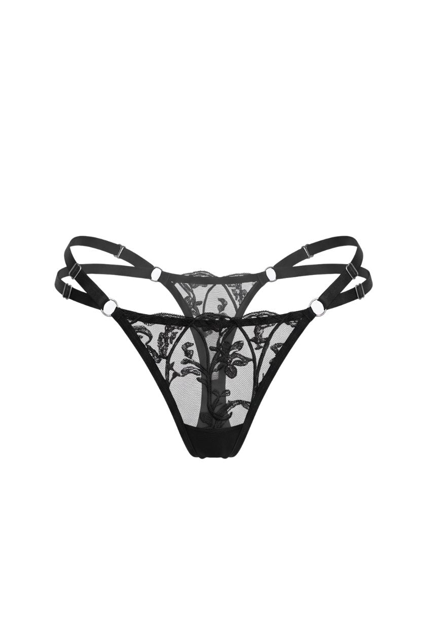 Regina Double-Strap Thong Black flat lay with floral embroidery and ring details